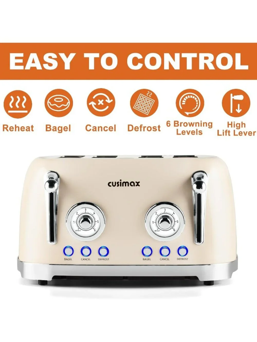 4 Slice Cream Stainless Steel Retro Defrost Toaster with Wide Slots for Bagels